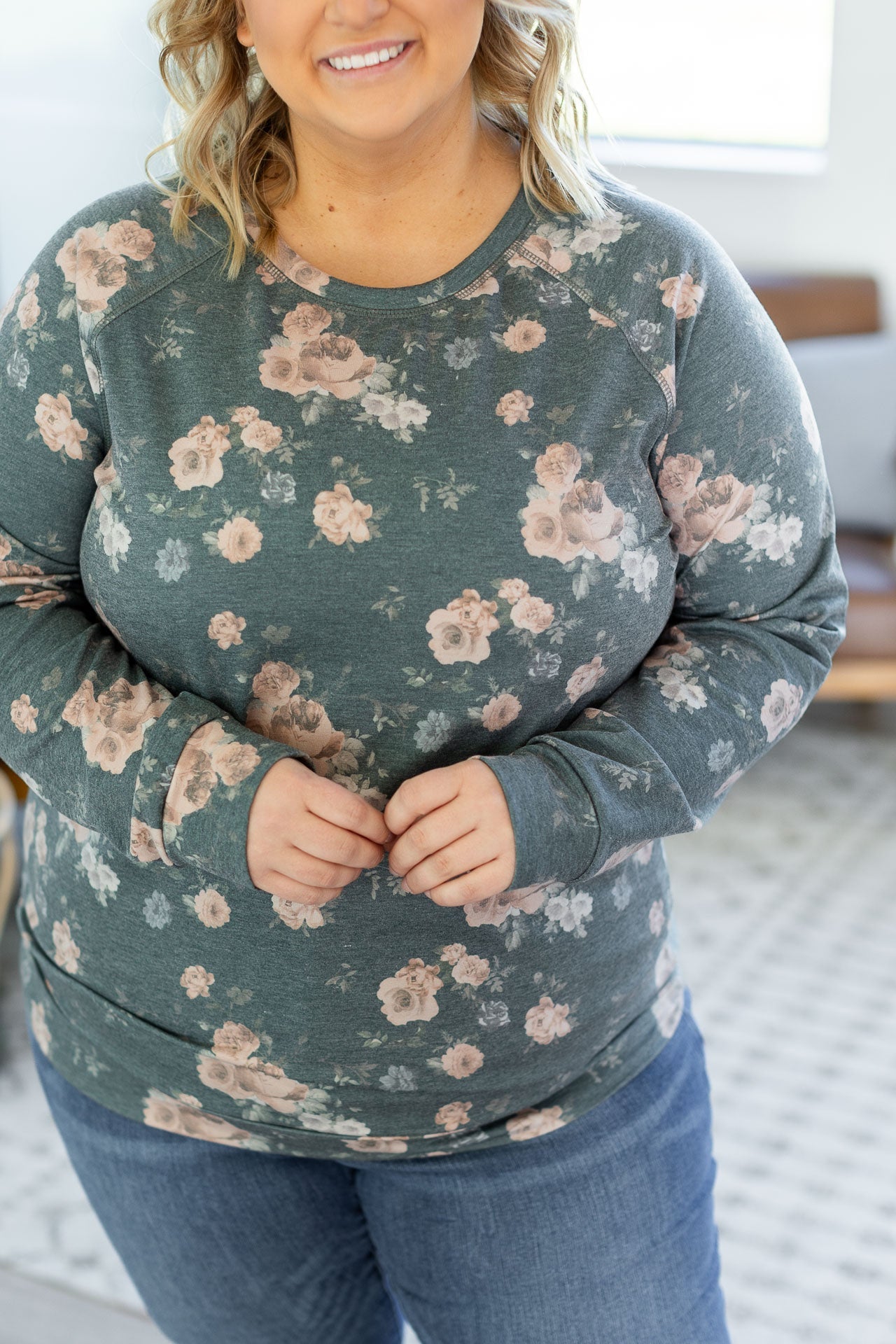 Kayla Lightweight Pullover - Green and Tan Floral